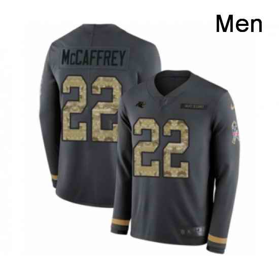 Mens Nike Carolina Panthers 22 Christian McCaffrey Limited Black Salute to Service Therma Long Sleeve NFL Jersey